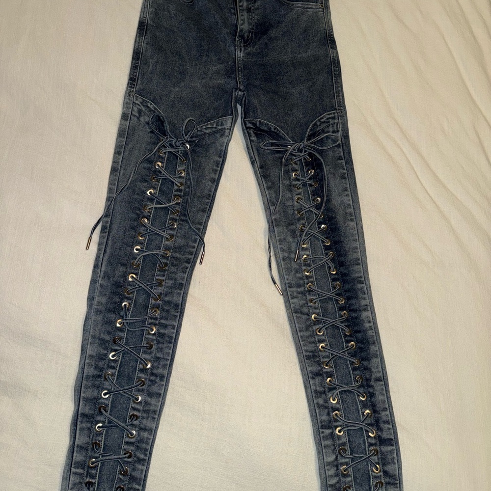 Maniere De Voir Black Lace-Up Skinny Jeans